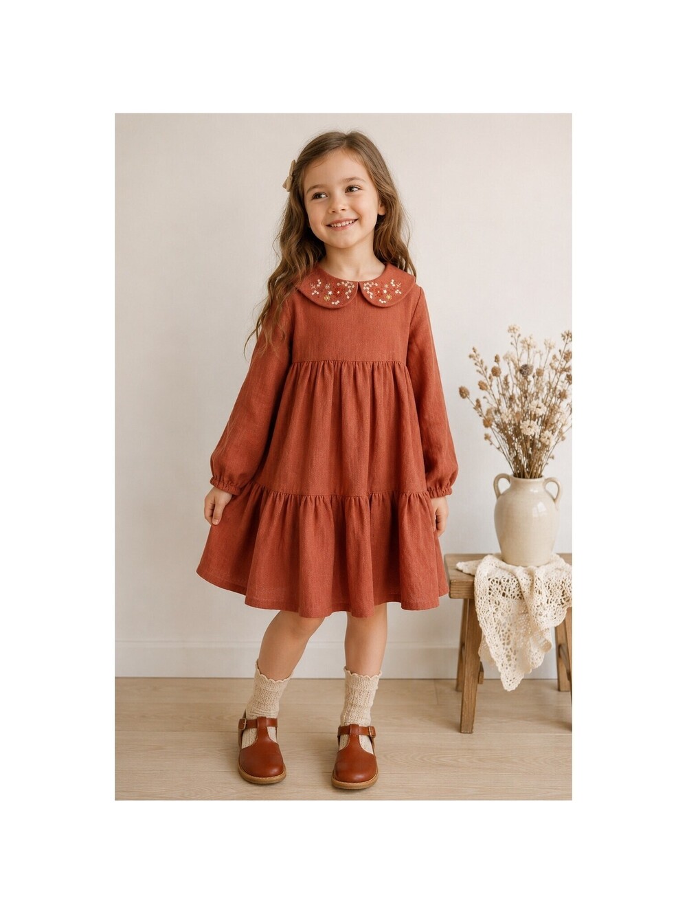 Girls 7/8 Embroidered Linen Dress Rust Peter Pan Collar Cottagecore Hand Made